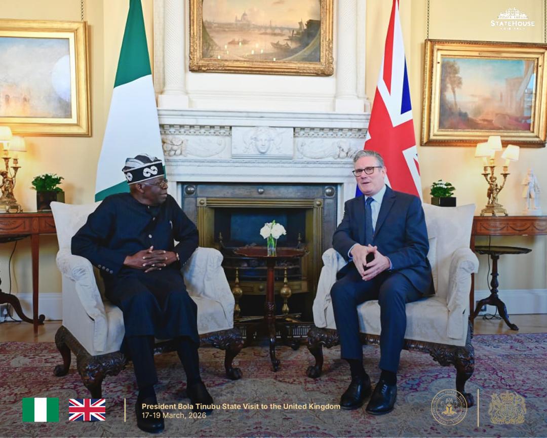 kwarablog's tweet photo. UK Prime Minister Keir Starmer welcomed President @officialABAT Ahmed Tinubu to 10 Downing Street on the final day of his historic two-day state visit to the United Kingdom on March 19, 2026.
#StateVisit #NigeriaUK #PartnershipsThatWork #RoyalVisit https://t.co/e4IY8kDiNu