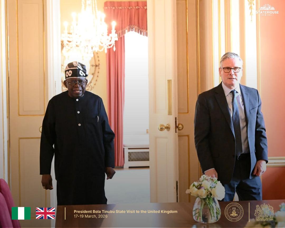 kwarablog's tweet photo. UK Prime Minister Keir Starmer welcomed President @officialABAT Ahmed Tinubu to 10 Downing Street on the final day of his historic two-day state visit to the United Kingdom on March 19, 2026.
#StateVisit #NigeriaUK #PartnershipsThatWork #RoyalVisit https://t.co/e4IY8kDiNu