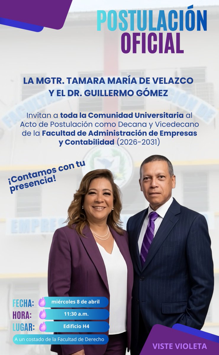 CesarOValdesP13's tweet photo. Postulación oficial de la Mgt Tamara de Velazco y Dr. Guillermo Gomez para decano y vicedecano de Faeco en la @UNIVERSIDAD_PMA #RescatemosFaeco https://t.co/qdC9OrnZxB