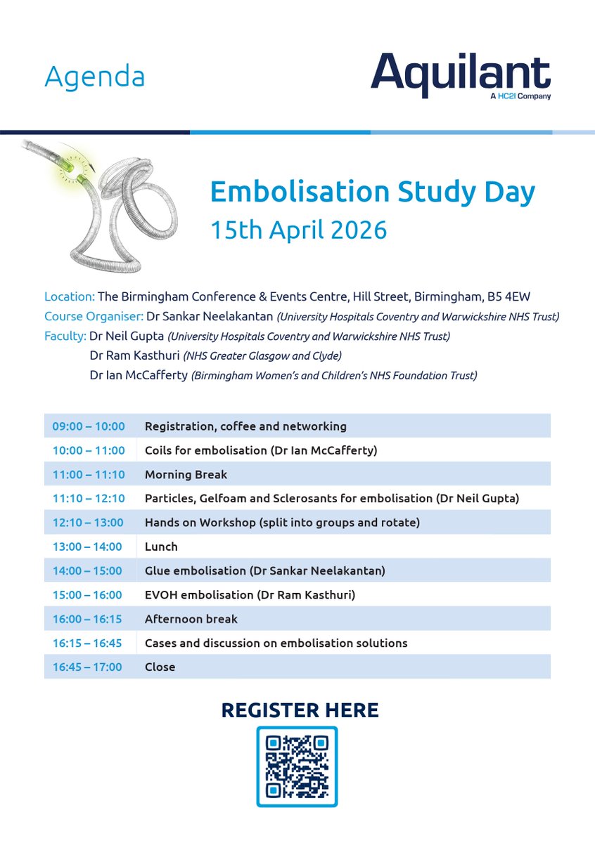 Aquilantvasc's tweet photo. 📢REGISTRATION STILL OPEN📢
The #Embolisation Study Day organised by Dr Sankar Neelakantan is set to be a fantastic day full of lectures and hands-on sessions!
🗓️15th April 2026
📍Birmingham
🕘9am - 5pm
Register Now!!
#iRad #VascularIR #IR #EmboStudyDay #supportingeducation https://t.co/fyp752RjqN