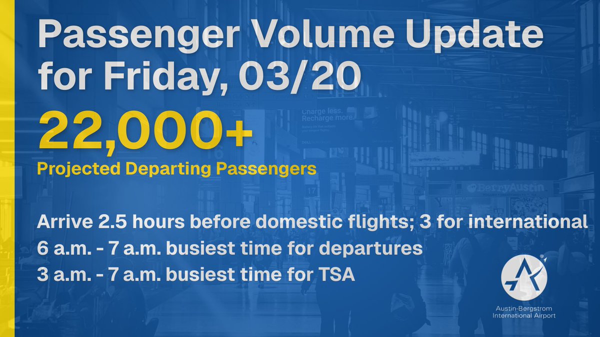 AustinAirport's tweet photo. If you’re not coming through the terminal soon and want to help, we recommend donating to local nonprofits like the Central Texas Food Bank. They’ve been onsite at AUS several times supporting TSA, FAA, and DHS employees.

Safe travels, y'all! https://t.co/D7X6H53cfI