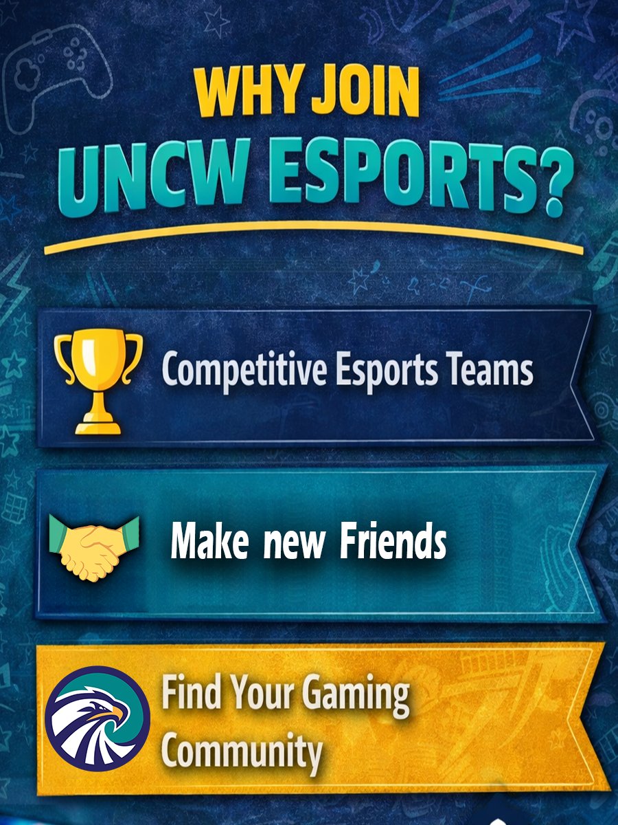 uncwesports's tweet photo. What can UNCW Esports do for you?

Join our many Esports teams and make new friends who love the same games as you do!

Remember UNCW Gamecon will be happening on March 22nd from 10 am to 6 pm! FREE ADMISSION!

#esports #esportslife #uncw #uncwesports #wilmingtonnc https://t.co/s5dQxWHxYc