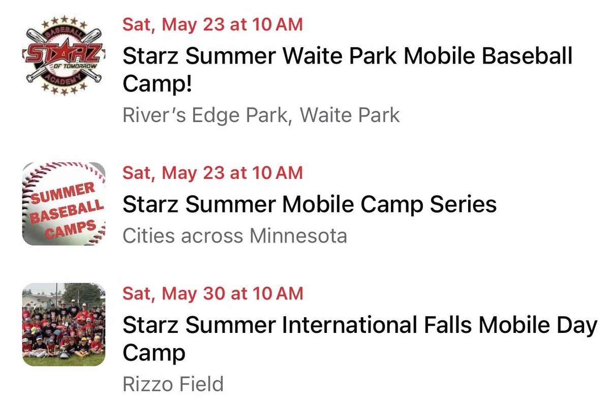 Our 1st two Starz mobile camps are set up with 15 others around the state coming soon

Saturday, May 23 at Rivers Edge Park in Waite Park &amp; May 30 at Rizzo‘s Field in I Falls

￼Only a $25 deposit to hold your son or daughter‘s spot

320-333-3336 
StarzBaseballCamp.com