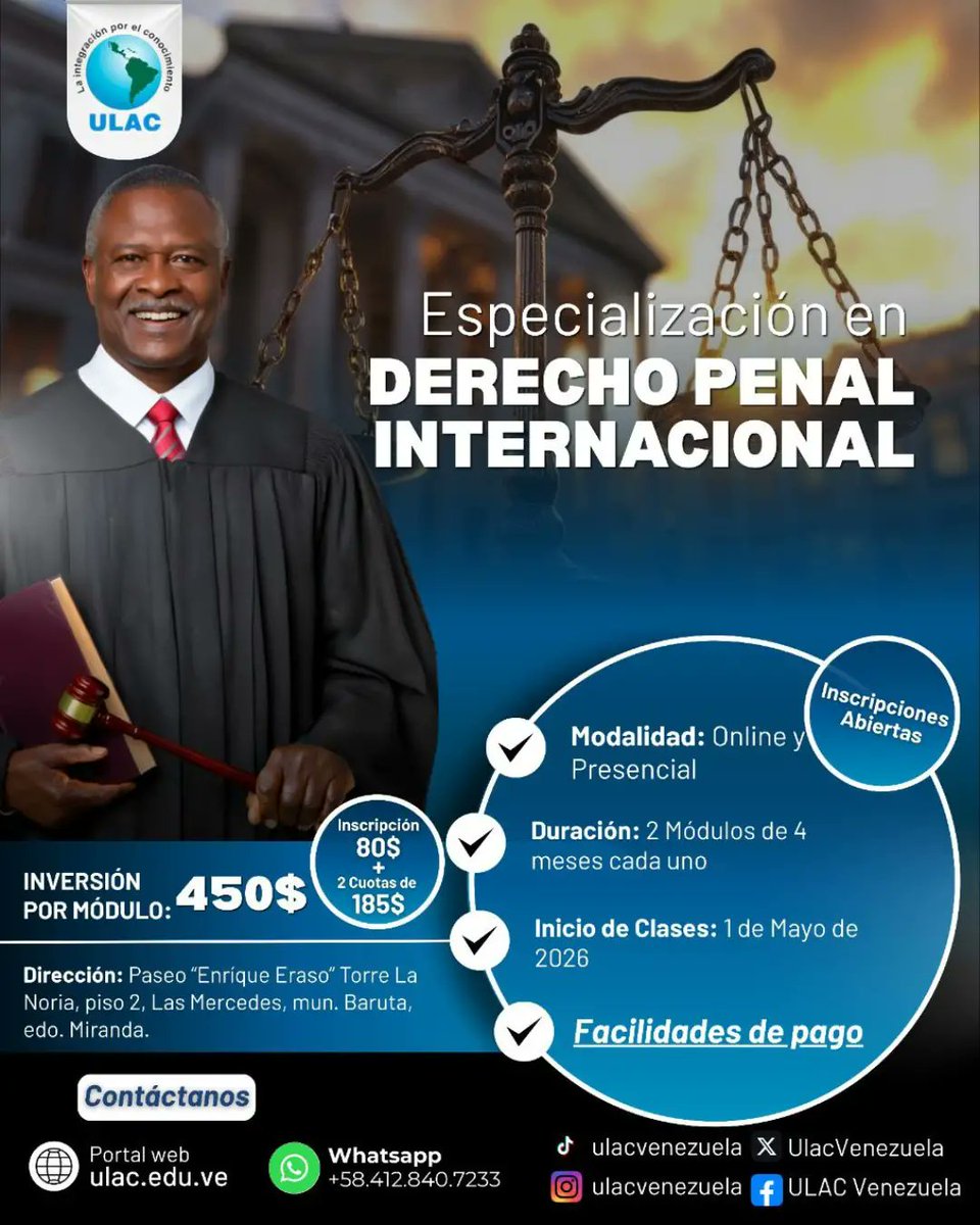 UlacVenezuela's tweet photo. Especialízate en Derecho Penal Internacional 

Estado: Inscripciones abiertas. ✍️
Visualiza el Pensum ingresando a https://t.co/WEwKcR4wrt

Para información Personalizada rellene el formulario https://t.co/uFl8dGhkSK https://t.co/CLl8MrzAPk