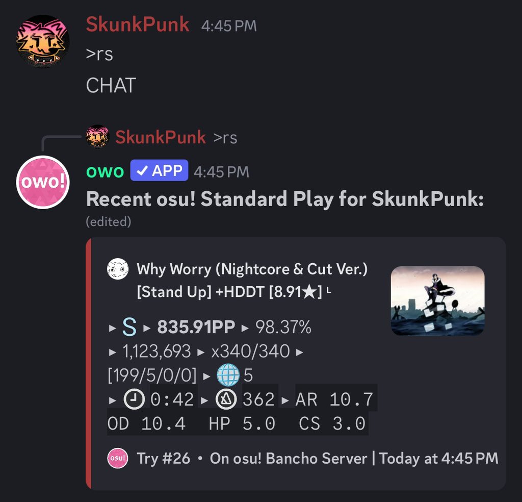 SkunkPunk_'s tweet photo. didn’t screenshot the score in the moment but got my 2nd top play today :D (its slop though lol) https://t.co/H79vnr3eH3