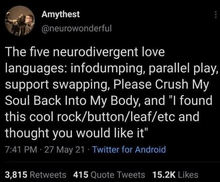 KatyElphinstone's tweet photo. The five neurodivergent love languages 😊💖
#ActuallyAutistic #AutisticJoy #Neurodivergent https://t.co/SkFX07ySFz