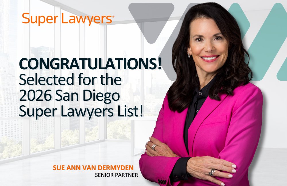 vmlawcorp's tweet photo. We're proud to announce that Sue Ann Van Dermyden has been named to the 2026 San Diego Super Lawyers list! 🌟

This honor recognizes the top 5% of attorneys in California, selected through peer nominations, independent research, and rigorous evaluation. https://t.co/ki9HQImCqF