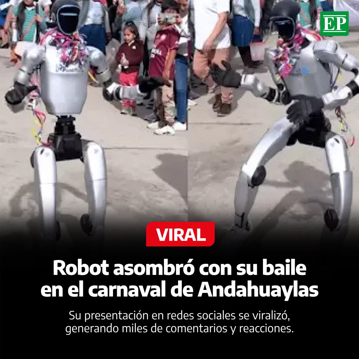 Diario_EP's tweet image. #Perú | Un #robot humanoide causó sensación en el #Carnaval Pukllay 2026 celebrado en Andahuaylas, región Apurímac. Durante el desfile del 13 de marzo, el robot, junto con un perro robótico, sorprendió al público al bailar al ritmo de la #música tradicional, moviendo sus brazos.