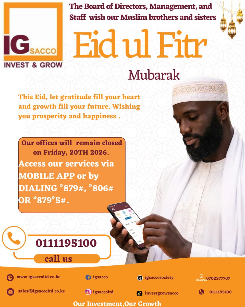 IGSACCOSOCIETY's tweet image. 🌙✨ #EidMubarak from IG Sacco!
Celebrate Eid al-Fitr with smart financial choices.

💰 #SaveMore | 🤝 #BorrowBetter | 📱 #BankWithEase

📅 #VirtualMeeting | 28th March 2026
#IGSacco #FinancialGrowth #MemberFirst
