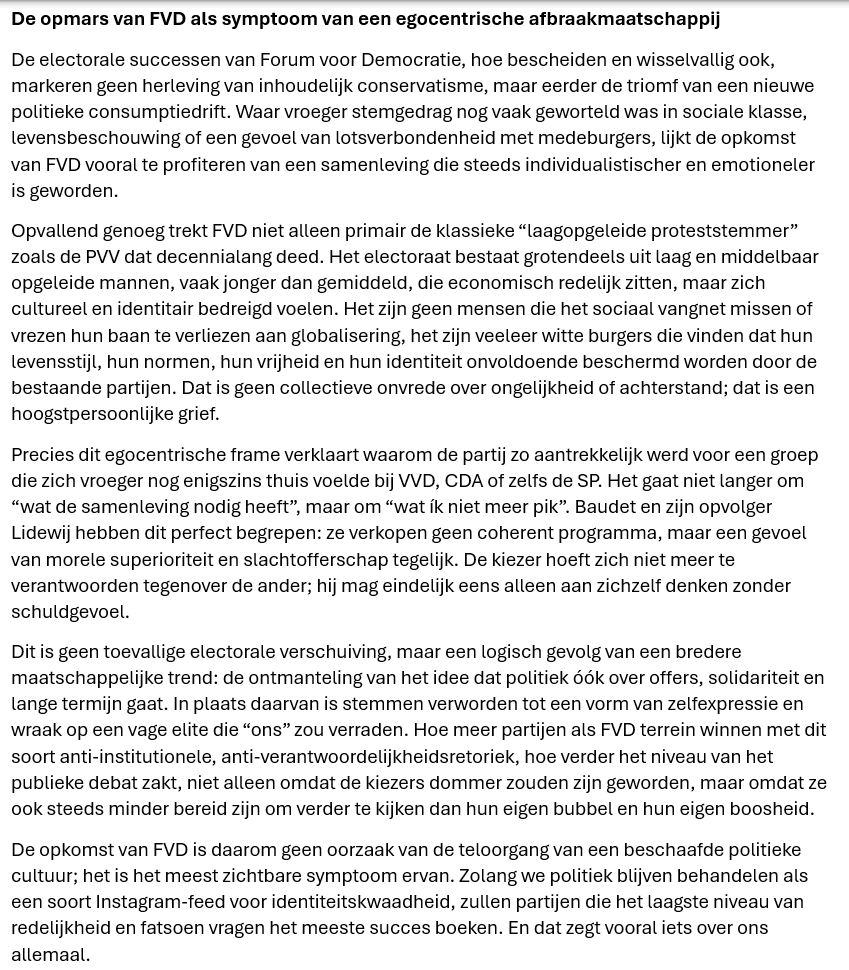 De opmars van FVD als symptoom van een egocentrische afbraakmaatschappij?