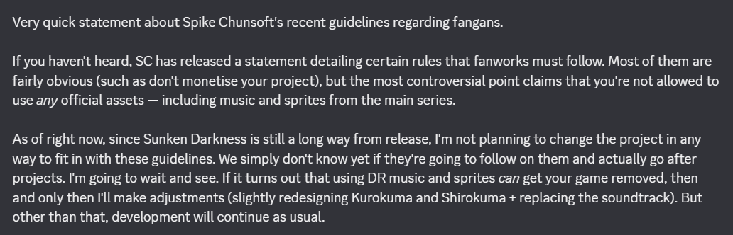 SunkenDarkness's tweet photo. My stance on the new guidelines and what it means for the project.
TLDR: Screw it, we ball. Hopefully it's a nothingburger that won't be enforced in practice.
#drsd #fangantwt #fanganronpa https://t.co/iGlv9FMmTs
