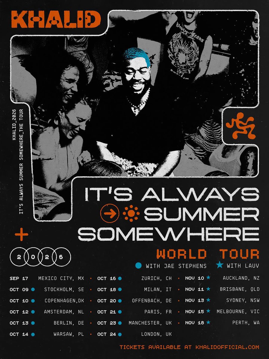 AccessKhalid's tweet photo. IT’S ALWAYS SUMMER SOMEWHERE 
WORLD TOUR ☀️🖤

Pre-Sale code: khalidworldtour
https://t.co/xU47owWqzE https://t.co/cPn1Bb8BPt