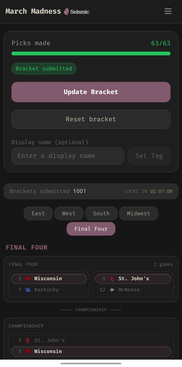 🤎Gmic 

Just joined <a href="/SeismicSys/">Seismic</a> bracket contest. LFG !!! 

brackets.seismictest.net