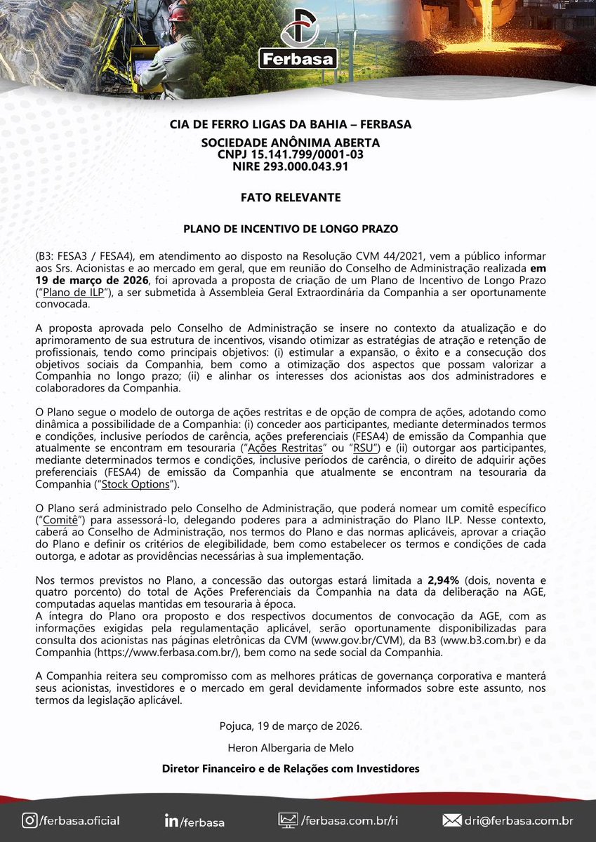 AvisosDaBolsa's tweet photo. CIA FERRO LIGAS DA BAHIA - FERBASA - Plano de Incentivo de Longo Prazo #FESA3 #FESA4 https://t.co/OaN6rQmBY8