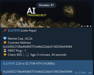 Predict the next Runner on #BSC With <a href="/BSCAI_Bot/">BSC AI Bot</a>
 
Here is a throwback to one of the best predictions yet: 
$LILPEPE 2.2k to 32.71M ATH (14,868x)

Try <a href="/BSCAI_Bot/">BSC AI Bot</a>
PredictionTracker.app

DYOR | NFA