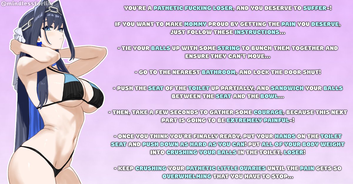 mindlessforlily's tweet photo. If you want to make me proud, you should follow these steps without thinking twice~! 💜

Give yourself the intense pain that you deserve for being such a massive beta! 🩸

I don't care about you, loser! Your suffering only makes me happier... 🤭 https://t.co/YTiKo56FB2