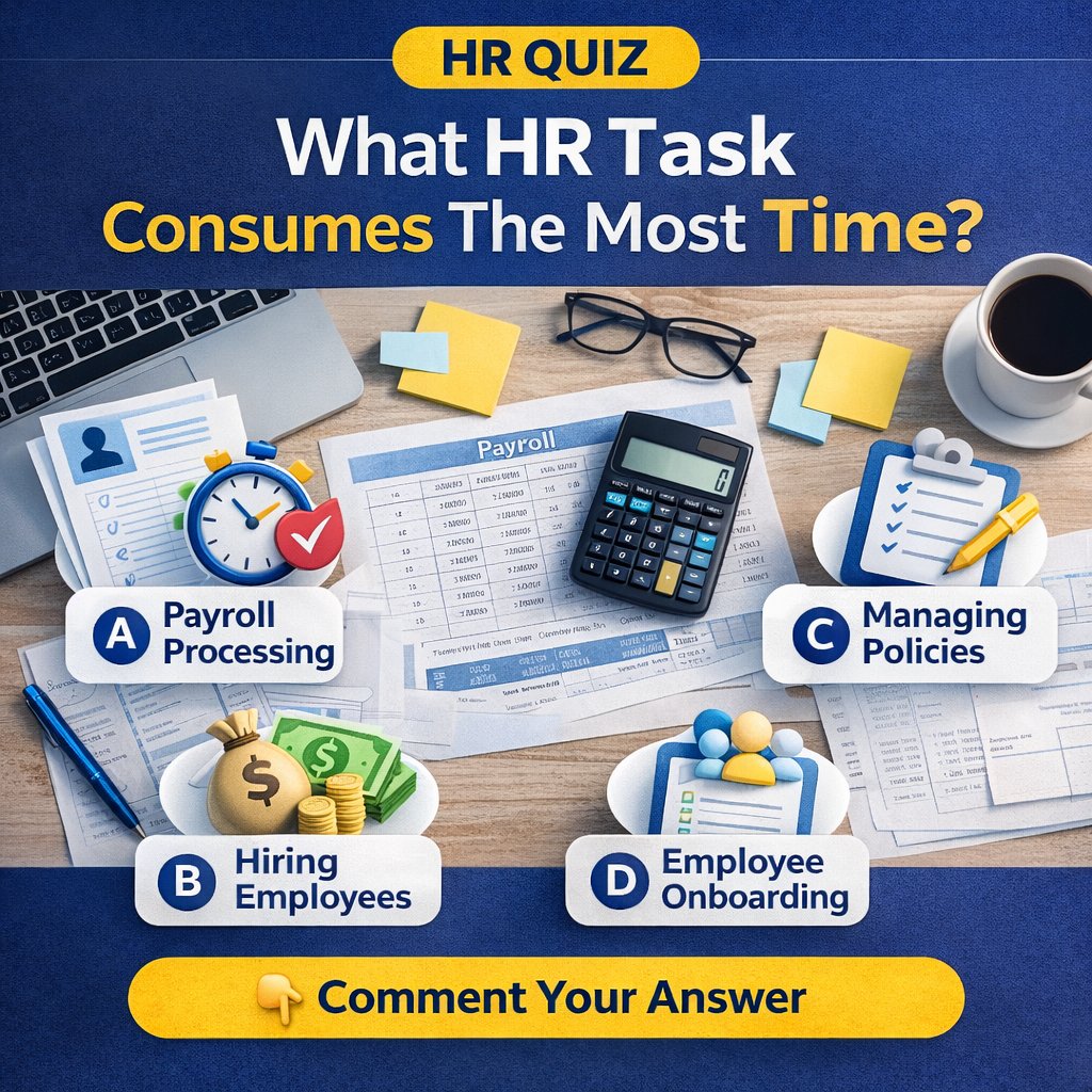 netpeo's tweet image. HR Quiz: What HR Task Consumes the Most Time?

A) Payroll Processing

B) Hiring Employees

C) Managing Policies

D) Employee Onboarding

👇 Comment your answer!

#HRQuiz #HRManagement #BusinessEfficiency #Payroll #Hiring #EmployeeOnboarding #HRTasks #WorkplaceSolutions