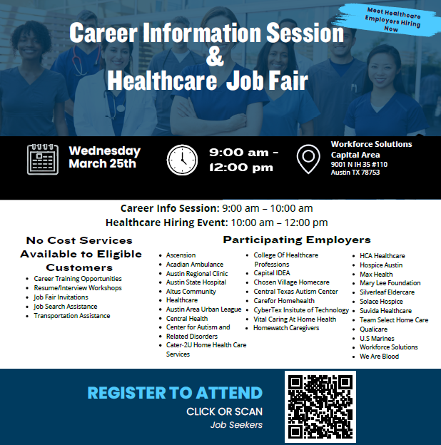 The <a href="/wfscapitalarea/">Workforce Solutions Capital Area</a> team is hosting a #Healthcare #Job Fair on March 25th at their North #Austin Workforce Center. Use the QR code on the flyer below to register. 

#jobs #veterans #careers #jobfair #ATX #healthcarejobs