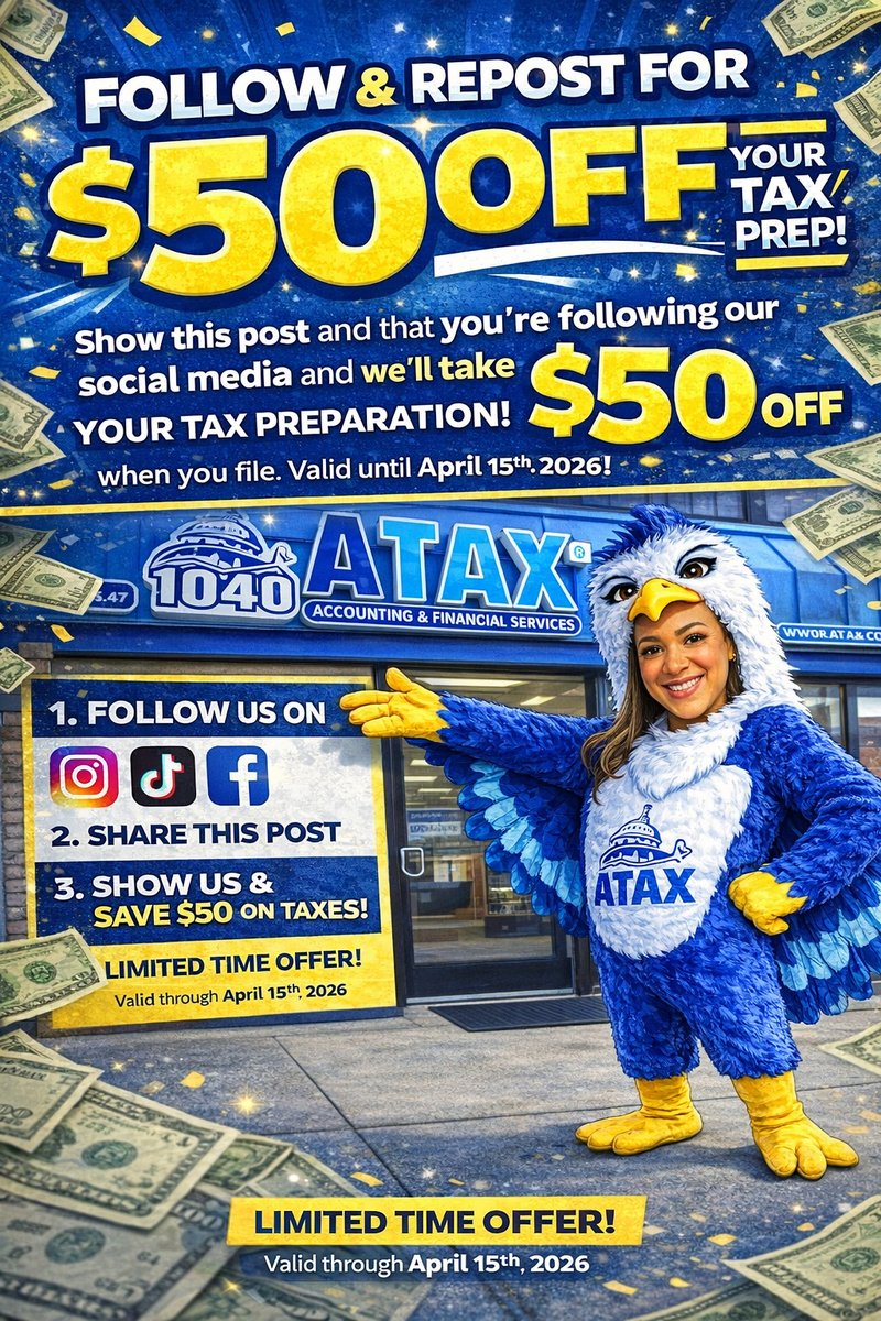 ATAXAllentown's tweet photo. FOLLOW + REPOST = $50 OFF YOUR TAX PREP!
Want to save $50 on your tax preparation?

Here’s how:

Follow our page

Repost/share this flyer

Show us at the time of filing that you’re following us

You’ll get $50 OFF your tax preparation.

Offer valid through April 15, 2026.
Come... https://t.co/WrgIULahDO