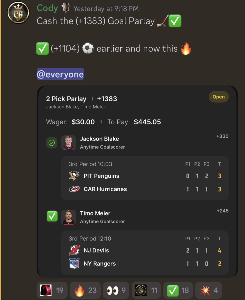 InCodyWeTrust1's tweet photo. 🚨 Insane last 24 hours ⚽️🏒🤯✅✅

✅ Ginter Assist (+1400)
✅ Goal Parlay (+1383)
✅ Assist Parlay (+1104)
✅ Ezzalzouli (+400)
✅ Manzambi (+380)
✅ Ruibal (+350)
✅ Lopez (+295)
✅ Wharton (+280)
✅ Hughes Goal (+140)

And a lot of builders 🏦✅

Link in bio 🤝 https://t.co/X8lEnBCiB6