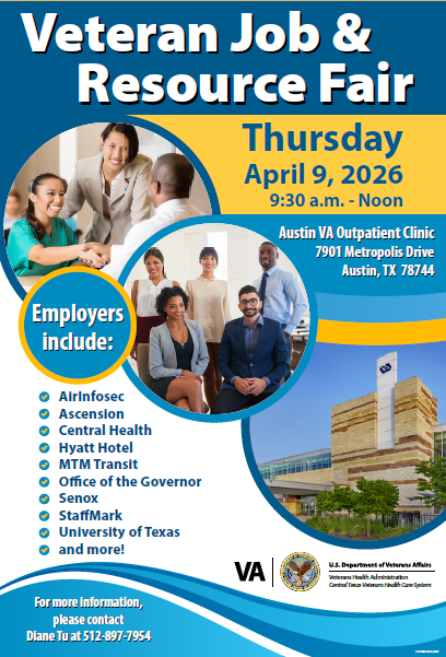 Attention #veterans in the #Austin area. The <a href="/DeptVetAffairs/">Veterans Affairs</a> is hosting a Veterans Job &amp; Resource Fair on April 9th at the Austin Outpatient Clinic. See flyer for more details. 

#resources #veteran #careers #job #jobs #jobfair #careerfair #resourcefair #ATX