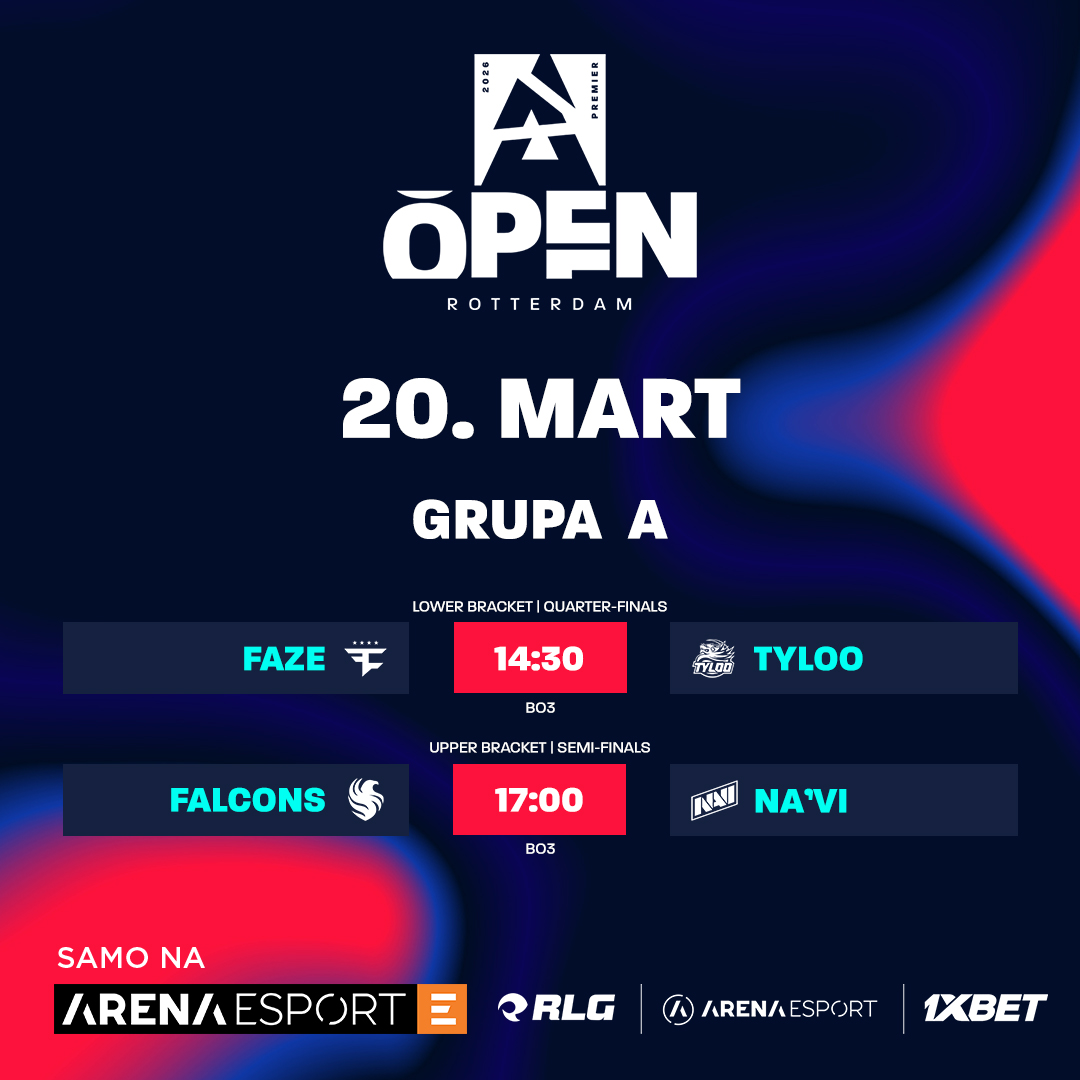tvarenaesport's tweet image. Sve ekipe su se oprobale na serveru, a sada kreće faza sa nešto većim ulogom! 🔥 #FaZe i #TYLOO za ostanak na turniru, a zatim #Falcons i #NaVi za finale grupe! 👀

Gledate #BLASTOpen Rotterdam 2026, samo na Arena Esport kanalima!

 #TVArenaEsport x #RLG | #CS2