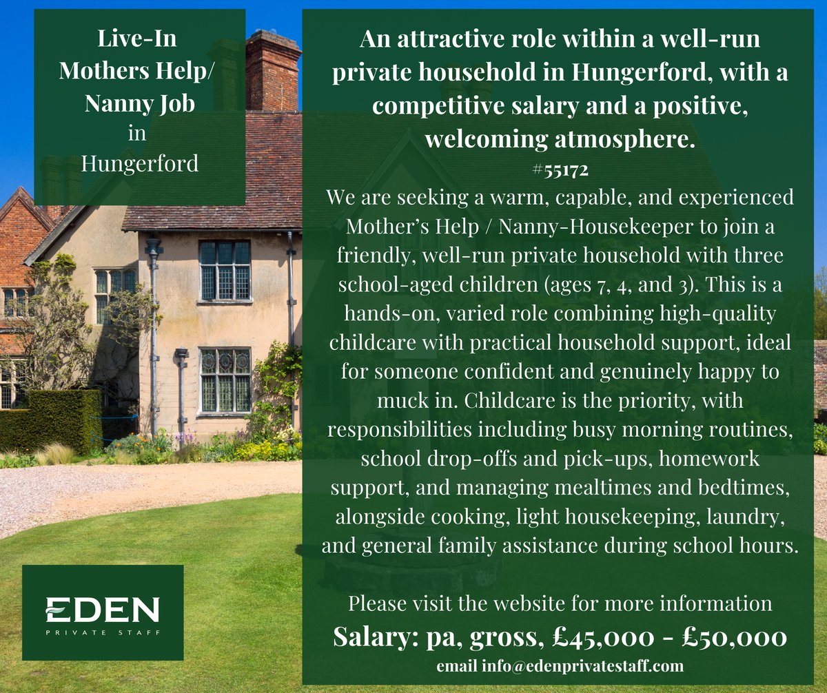 EdenPrivateStaf's tweet image. Mother’s Help / Nanny-Housekeeper – Hungerford | Live-in or Live-out 🚗🏡

🔗 Full details &amp;amp; apply:
edenprivatestaff.com/job/new-live-i…

#MothersHelp #NannyHousekeeper #Hungerford #LiveInRole #PrivateHousehold #ChildcareJobs #EdenPrivateStaff