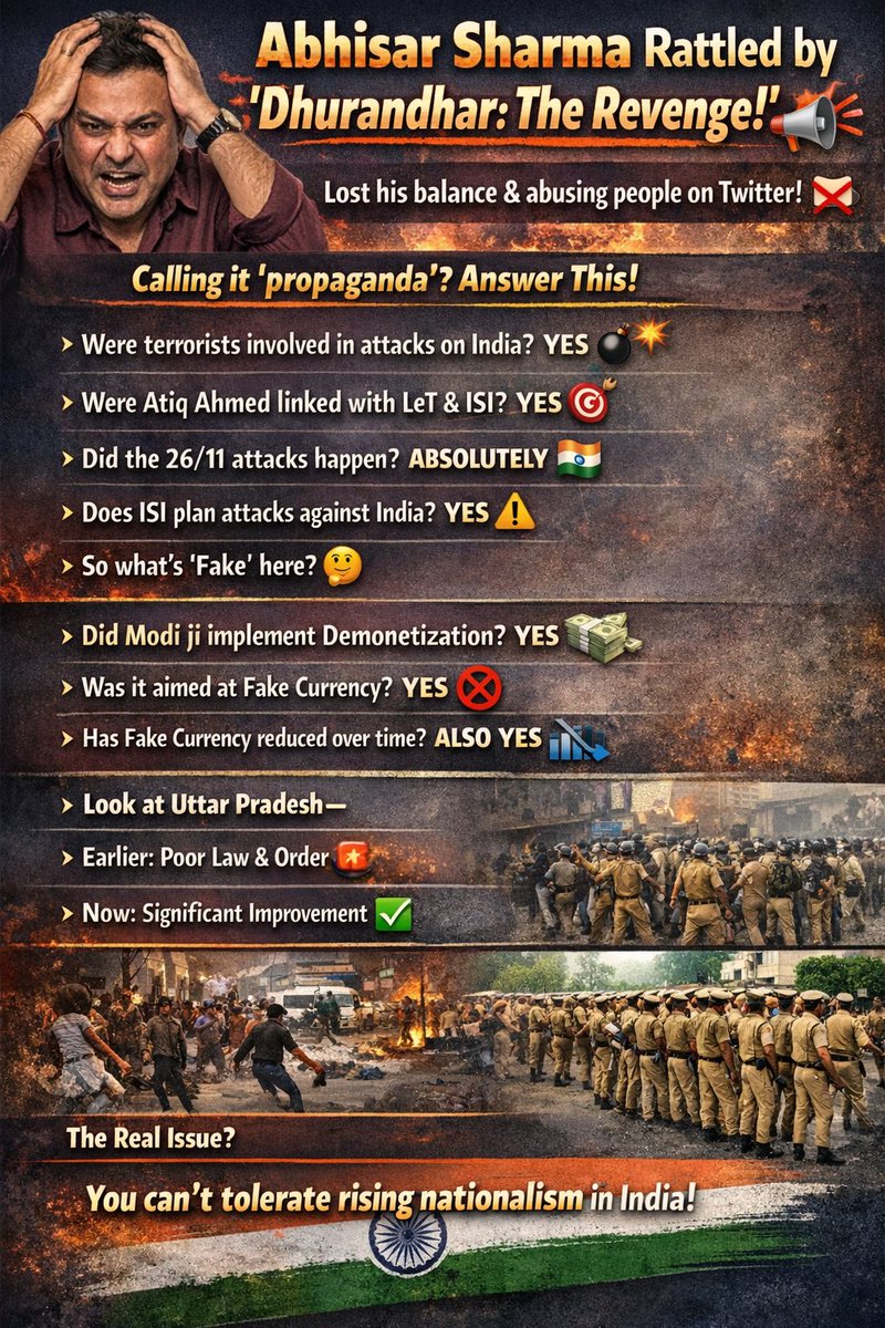 <a href="/abhisar_sharma/">Abhisar Sharma</a> • Ever since Dhurandhar: The Revenge released, Abhisar Sharma seems completely rattled 🤯
• Lost his balance &amp; started abusing people openly on Twitter 🗣️❌
• If you have a problem, go to your ecosystem &amp; make your own film 🎬
• Calling it “propaganda”? Then answer this 👇
•