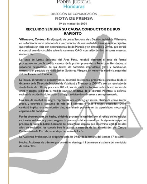 En el juzgado de Letras Seccional de la Sección Judicial de Villanueva, en Audiencia Inicial se decretó el Auto de Formal Procesamiento con la medida cautelar de la Prisión Preventiva aplicó la medida cautelar de la Prisión Preventiva a René Lazo Hernández.