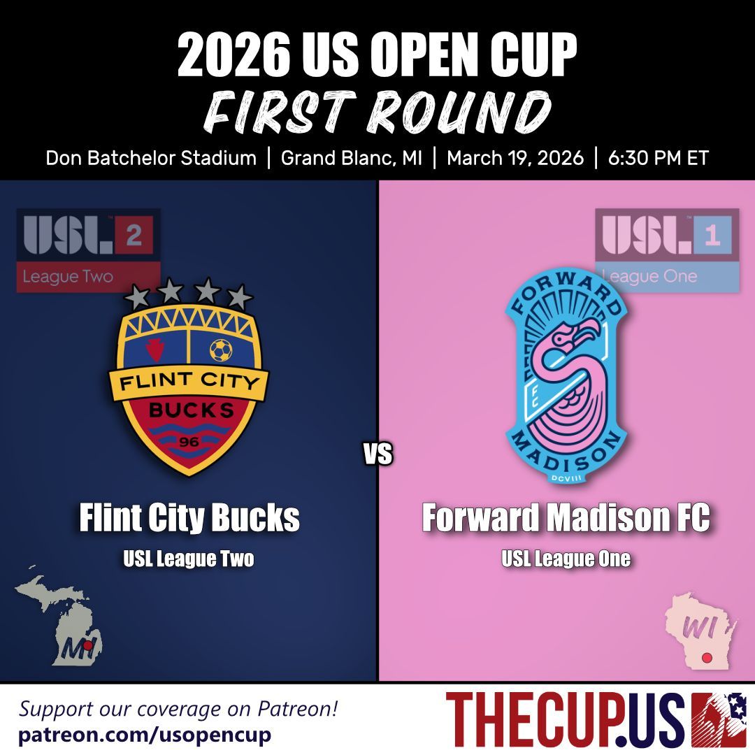 #USOC2026 Round 1: Back to Michigan we go! This time the game is outside as <a href="/ForwardMSNFC/">Forward Madison FC</a> (USL-1) travels to <a href="/FlintCityBucks/">Flint City Bucks</a> (USL-2). First kick at the bottom of the hour. || LIVE STREAM (YT) >>> youtube.com/live/pgiE9EmLf…