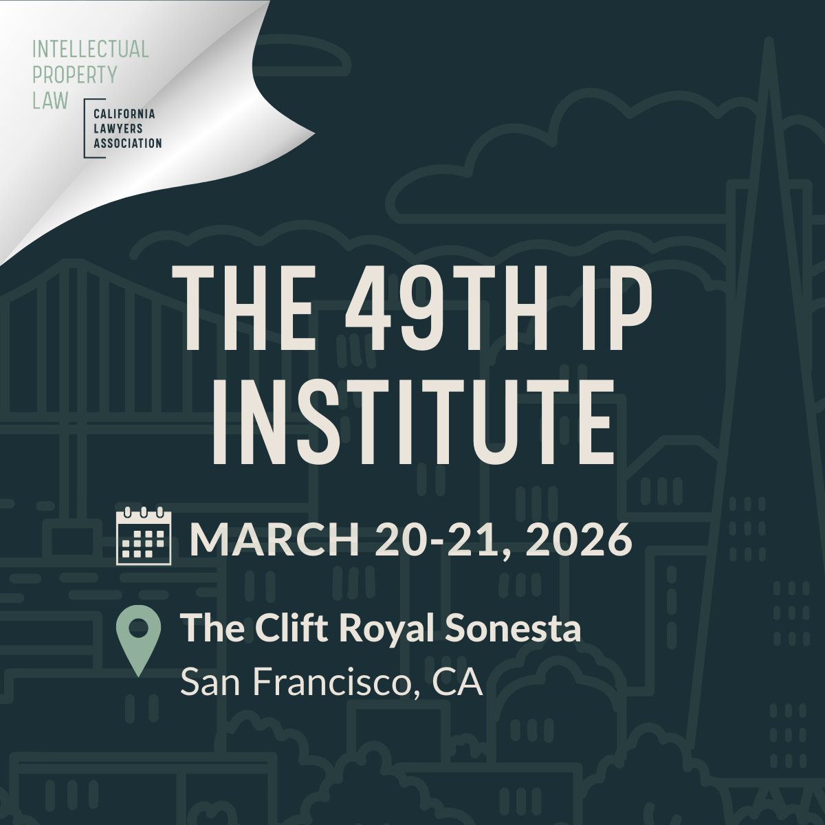 CLA_IP's tweet photo. We're excited to kick off the 49th Annual IP Institute with the Welcome Reception tonight, March 19, at 5:00 PM at the Clift Royal Sonesta in San Francisco.

Onsite registration is available for the Institute!

Learn more: https://t.co/WTB0oZaXGM https://t.co/sFuCFrpBKK