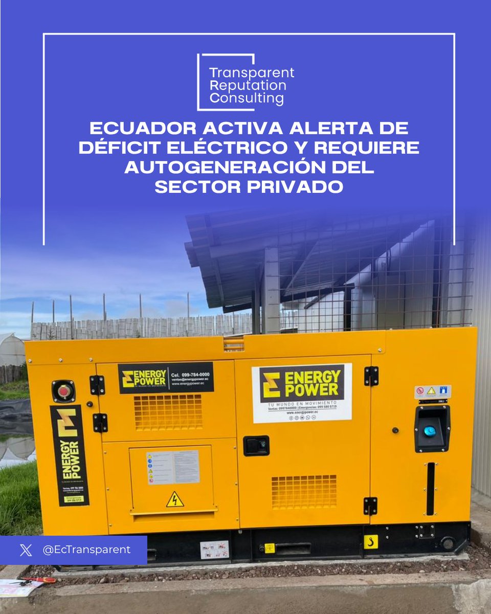 #Infotransparent
Jueves 19 de marzo de 2026
<a href="/EcTransparent/">TRANSPARENT REPUTATION CONSULTING</a> AL DÍA+

ECUADOR ACTIVA ALERTA DE DÉFICIT ELÉCTRICO Y REQUIERE AUTOGENERACIÓN DEL SECTOR PRIVADO

El Operador Nacional de Electricidad (Cenace) ratificó la vigencia del período de alerta de déficit eléctrico en Ecuador y
