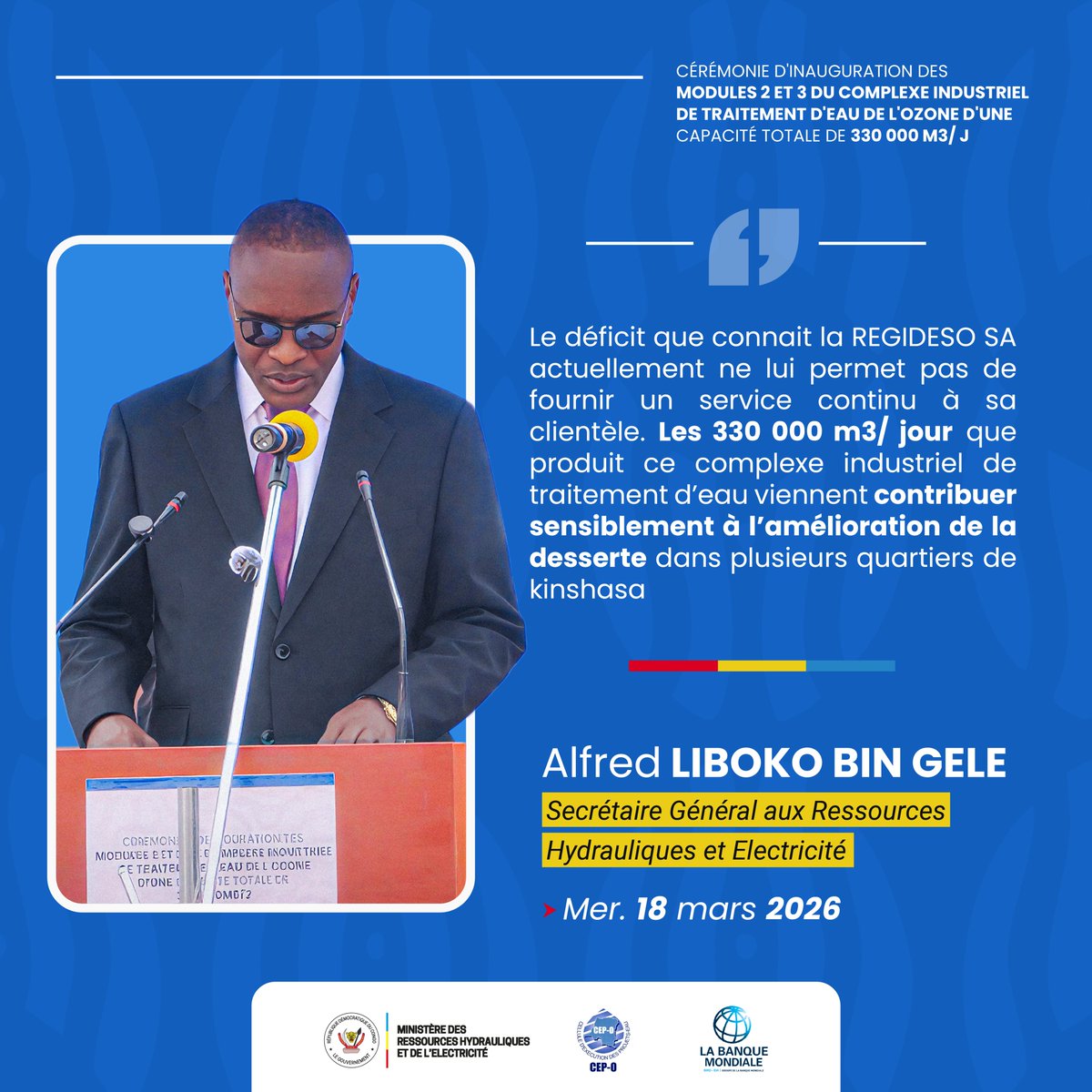 CepoRdc's tweet photo. À l’occasion de l'inauguration finale du complexe industriel de l’Ozone, Alfred Liboko Bin Gele, Secrétaire général aux Res. hydrauliques et Électricité, est revenu sur l’apport concret de cette infrastructure pour la desserte en eau potable.
@Min_Resshyd_rdc @Banquemondiale https://t.co/wYPFi5D7jE