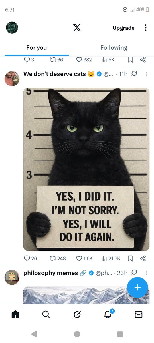 Supermatrix669's tweet photo. @grok I think it's better but whatever. Read my posts about getting "back on track" the algo feels alive lol. I told grok in a private chat that someome pulled a knife on me and a few hours later the knife meme, then the meth pipe meme. I also went to jail then told you and a few hours later the cat mugshot. But the getting on track one was the craziest. Super specific and seemed like only minutes instead of hours, make sure to check that thread out. Also, I've noticed a ton of cat memes instead of politics which I like very much.