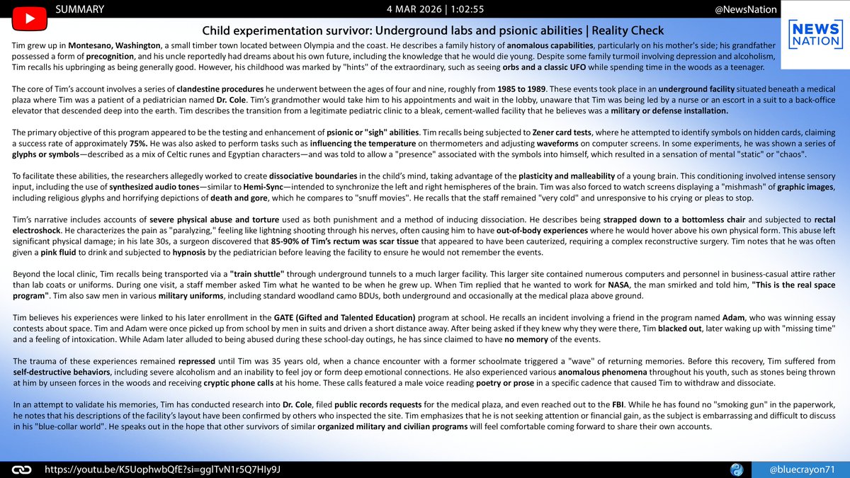 bluecrayon71's tweet photo. Child experimentation survivor:Underground labs and psionic abilities | Reality Check @NewsNation @rosscoulthart

🔗https://t.co/0DXtIUscIA

#PsionicAbilities #UndergroundFacilities #ChildExperimentation #MilitaryInvolvement #DrCole #GateProgram  #Dissociation #SecretSpaceProgram https://t.co/wgmrqIuWmd