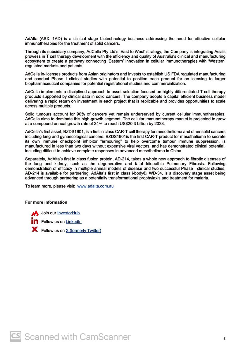 SalvadorMaurice's tweet image. #1AD

Canadian patent protecting AD-214 granted

Grant completes composition of matter protection for AD-214 in major markets

The Company developer of next generation cell and protein therapeutic products is pleased to announce that it has been granted a new composition of