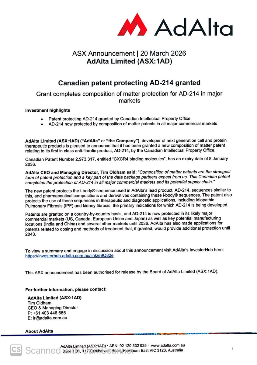 SalvadorMaurice's tweet image. #1AD

Canadian patent protecting AD-214 granted

Grant completes composition of matter protection for AD-214 in major markets

The Company developer of next generation cell and protein therapeutic products is pleased to announce that it has been granted a new composition of