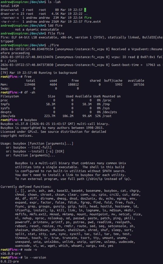 justjs14's tweet photo. i played with sandboxes a lot in recent years. a myth has developed that booting a full guest VM is slow. it doesn't have to be. this single binary with firecracker, linux, initramfs, busybox, network, vsock and a rootfs with node.js and lo boots on 8th gen i5/Ubuntu 22 in ~17ms https://t.co/f9nmdd7trp