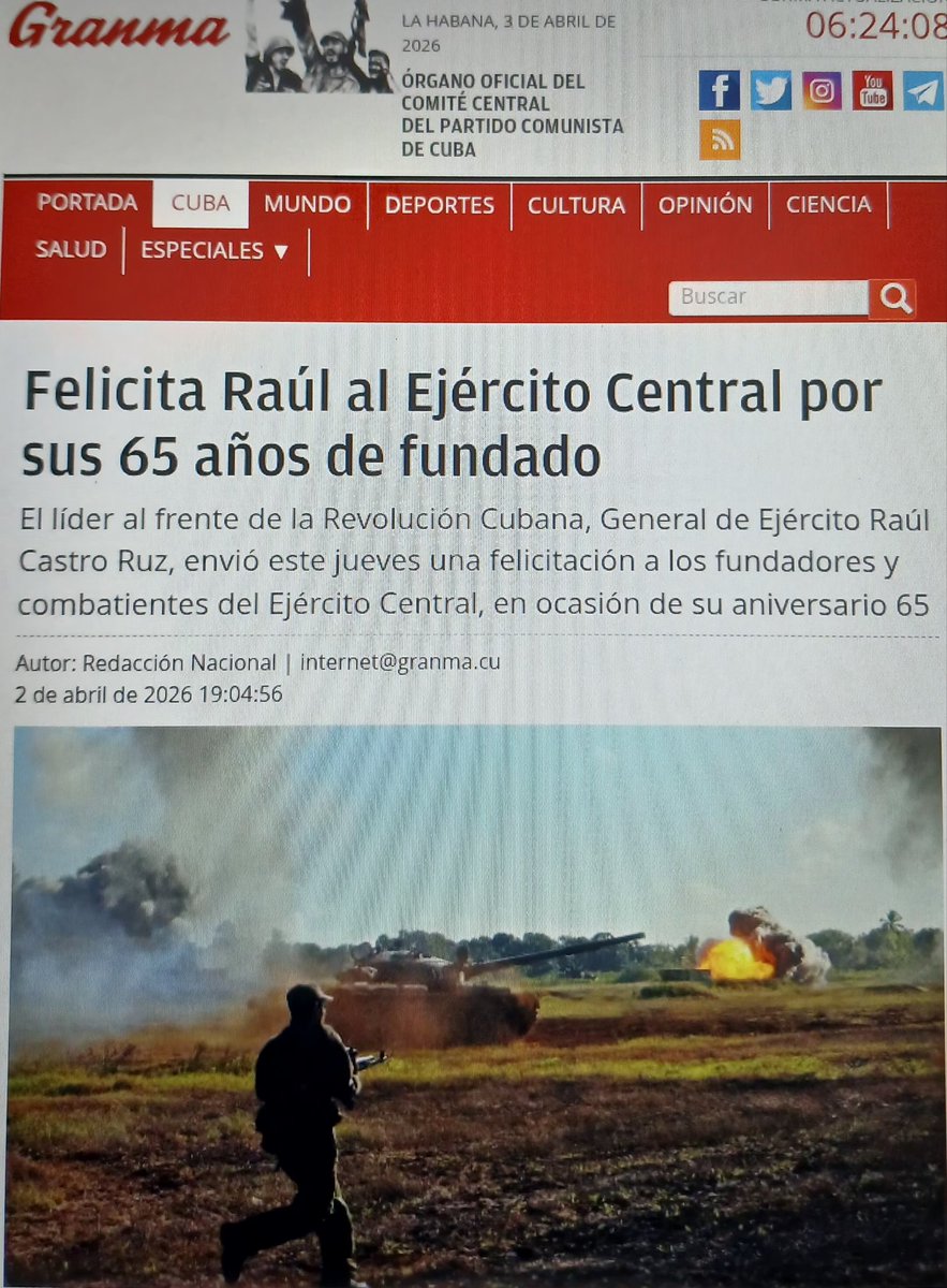 Muchas felicitaciones del cadáver Raúl castro al ejército central por sus "65 cumpleaños",pero él no se vé por ningún lado,debe andar escondido como todas las demás ratas, con mucho miedo de terminar como Maduro, pero al final tiene que pagar a no ser que se vaya antes junto al