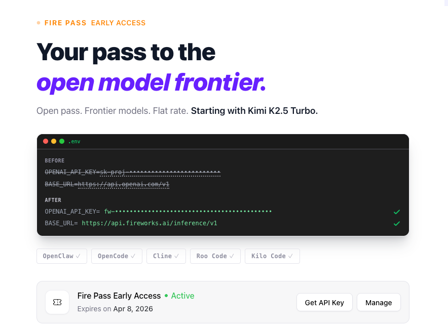 gideonfip's tweet image. I've been obsessed with finding the lowest-cost setup to get started with AI, so I decided to go with @FireworksAI_HQ's Fire Pass.

We get 7 days of Kimi 2.5 Turbo for free ($7/week afterwards) with no rate limits, but signups are capped.

As every company races to give us the