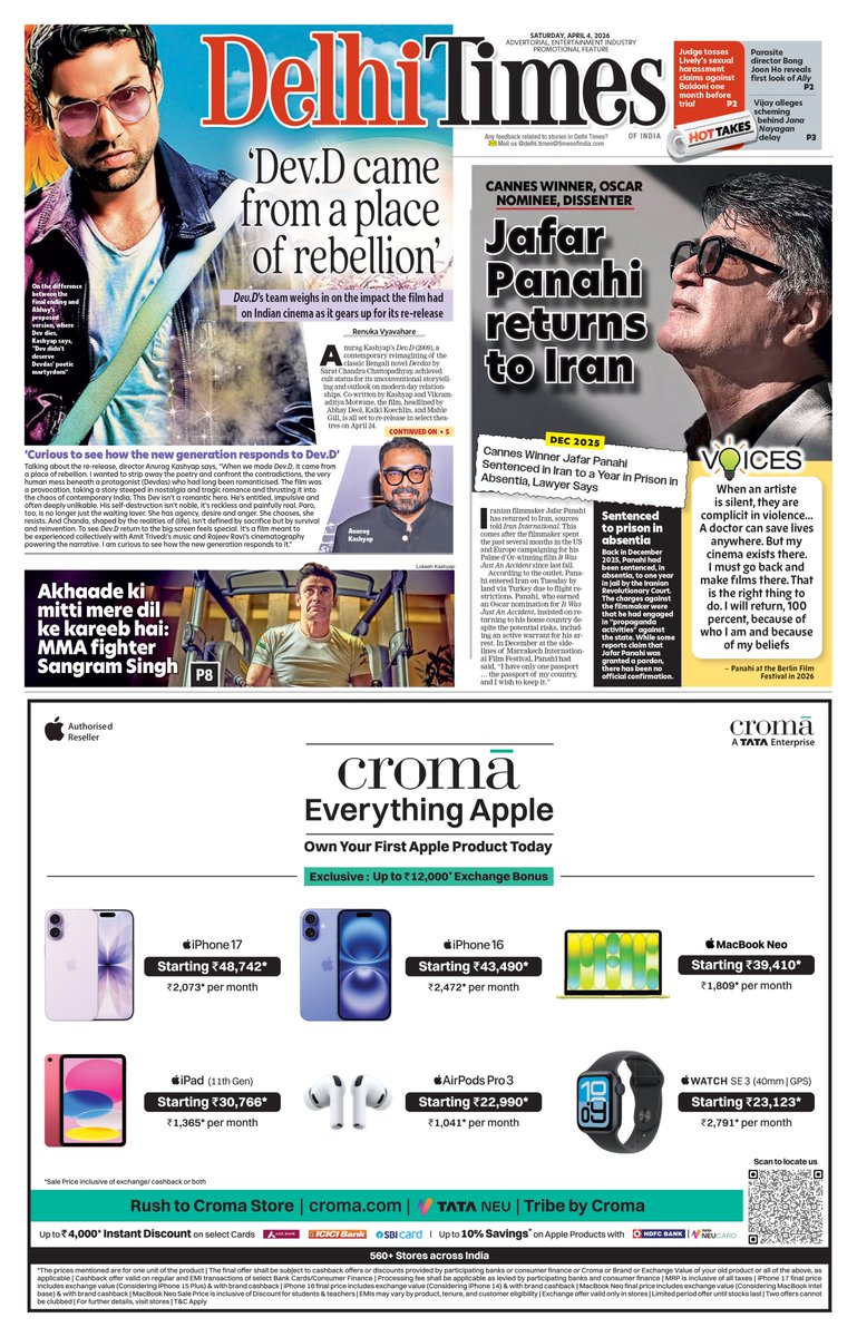 DelhiTimesTweet's tweet image. Today’s P1: #DevD’s team on the impact the film had on Indian cinema as it gears up for its re-release; #Cannes winner #JafarPanahi returns to Iran; @Sangram_Sanjeet steps into history as the first Indian to compete in MMA on Argentine soil

Read: bit.ly/3r0dVfE