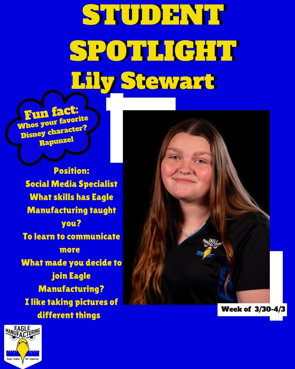 BCEagleMfg's tweet image. Student spotlight for the week is Lily Stewart!!
#studentrunbusiness #studentled #qulitydriven #workforceready #eaglemanufacturing