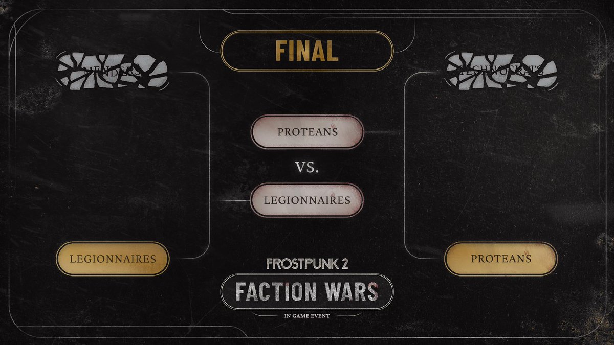 frostpunkgame's tweet photo. This is it, Citizens! 🗣️
We're officially in the GRAND Finale round of #Frostpunk #FactionWars ⚔️
Who will prevail and win it all?
Start your engines and may the best Faction win! https://t.co/LEbtqfFS0W
