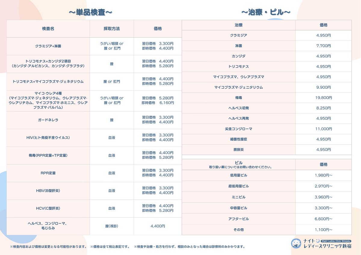 nlc_shinjuku's tweet image. 🌙本日も22時まで営業🌙
待ち時間なし、所要時間約10分～15分でご案内可能です💫

性病検査／治療／予防 
低用量ピル／アフターピル 
美容注射／メディカルダイエット

一度の来院で同時対応OK◎

📍新宿三丁目駅 B5出口 徒歩30秒

ご来院を心よりお待ちしております🍀

#性病検査 #ピル #即日検査