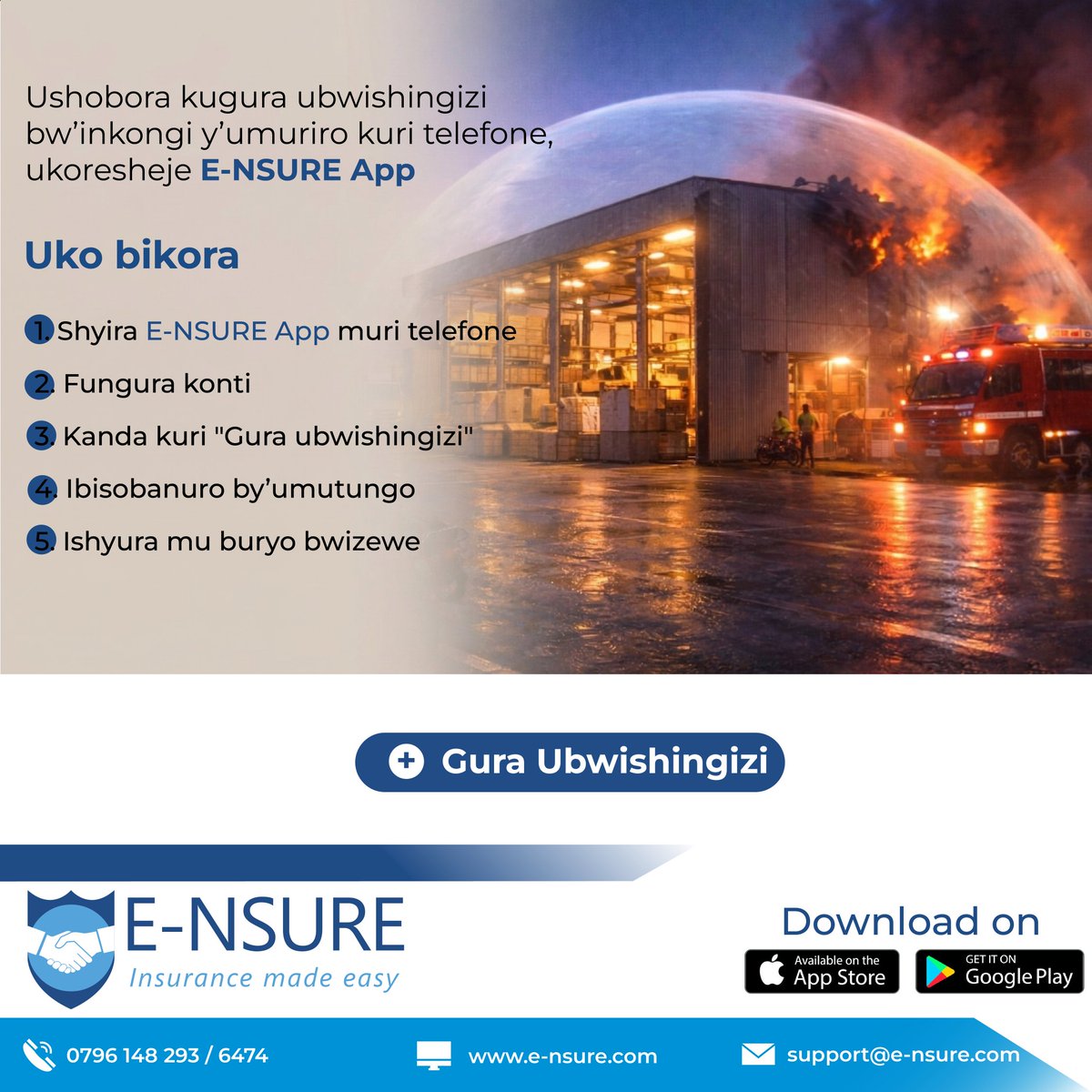 e_nsure's tweet image. Wari uziko? 🔥
Ushobora kugura ubwishingizi bw'inkongi y'umuriro ukoresheje apulikasiyo ya E-NSURE

#InsuranceMadeEasy #DigitalInsurance #SmartInsurance #ClaimsSimplified #rwandatech #DigitalAfrica