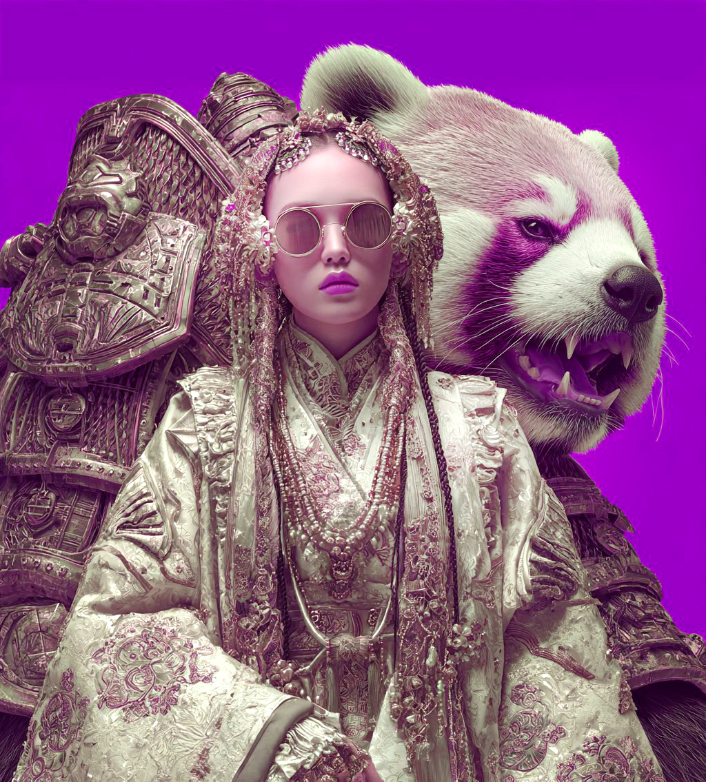 phokuinc's tweet image. An oriental Gongzhu 公主 in Hanfu with cyber adornments, beside her imperial guardian spirit red panda 大熊猫 as beast of loyalty and protection #DigitalArt #AIart #Surrealism #hanfu