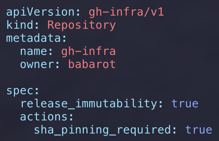 babarot's tweet photo. gh-infraで、Immutable Releasesの有効化とEnforce SHA pinningの有効化をIaCできるようになった！ https://t.co/6JcG6u6yiq