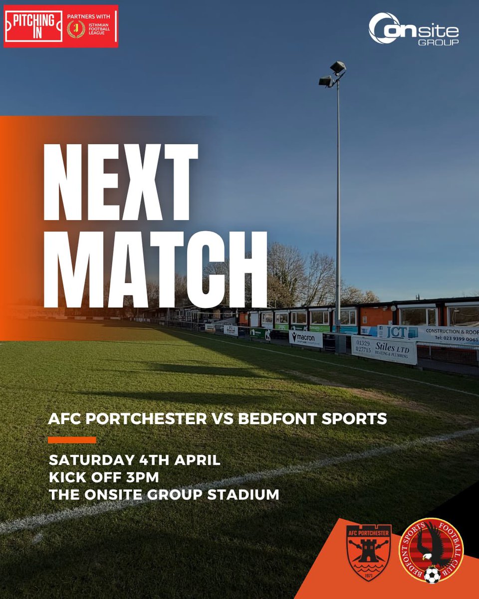 AFCPortchester's tweet photo. Your Royals return to The OnSite Group Stadium tomorrow afternoon for a league game against Bedfont Sports.

Bars, food, fanzone (now with added chips emporium!) and club shop available from 1pm, kick off 3pm.

There’s a chance to win a £100 bar tab and under-16s get FREE entry! https://t.co/aFGKvHBxzZ