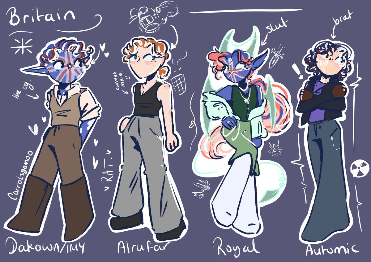 RLCarrotsGoMoo's tweet photo. A couple of my different aus and their Britain designs. https://t.co/wbZJxOgNMR