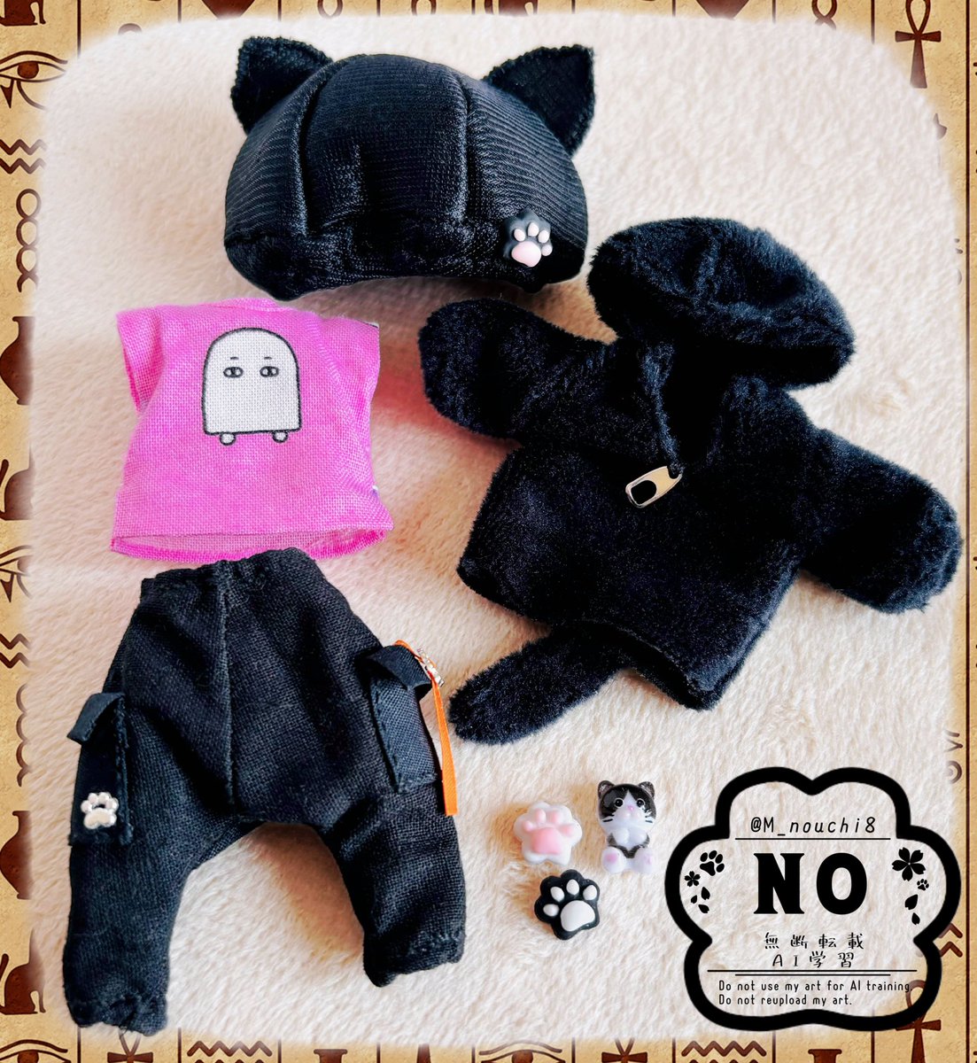 新作でございます～！

今回は黒猫ファッションを制作しました🐈‍⬛✨
なお、インナーにはメジェドさまが御座します⎛𓁹   𓁹⎞✨
黒猫ﾄﾞﾗｺﾞﾝと一緒にパンケーキ作りましょ！💕🐈‍⬛🥞🐉💕

 #ねんどろガラル  #ハンドメイド